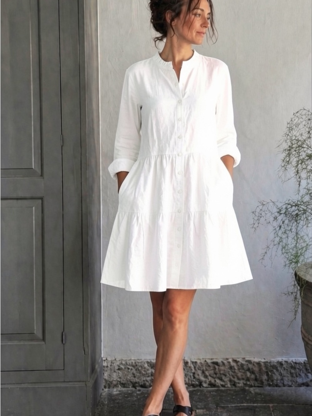 Alice Walk Linen Button Front Dress with Pockets in White Size Large NWT